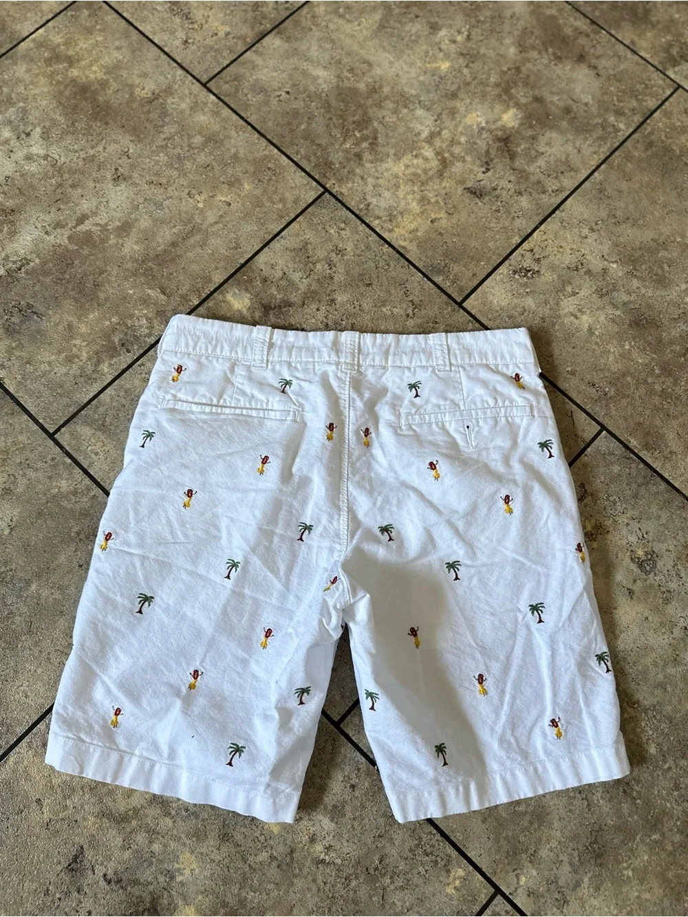 J Crew Stanton Men’s 30 White Chino Bermuda Shorts Hula Girl Palm Tree Tropical